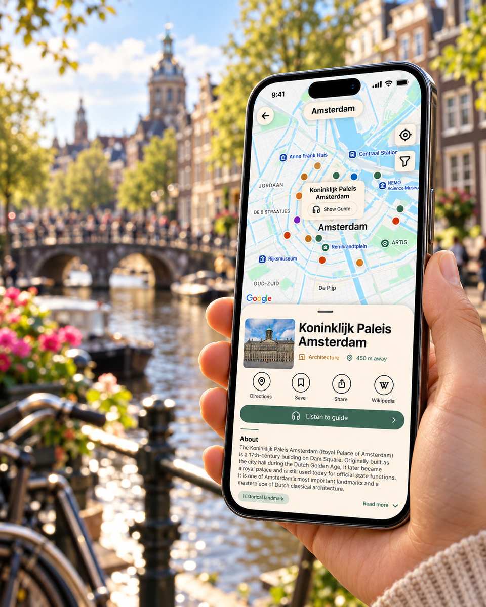Voyager map and audio guide on a phone beside an Amsterdam canal